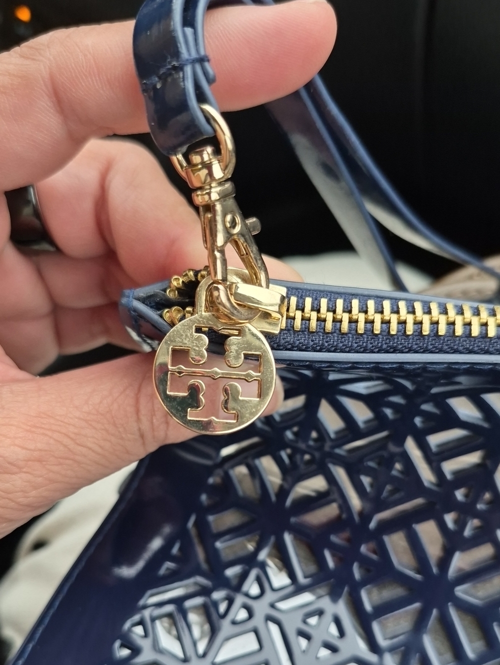 Tory Burch Navy Laser-Cut Patent Crossbody with Gold Logo Charm